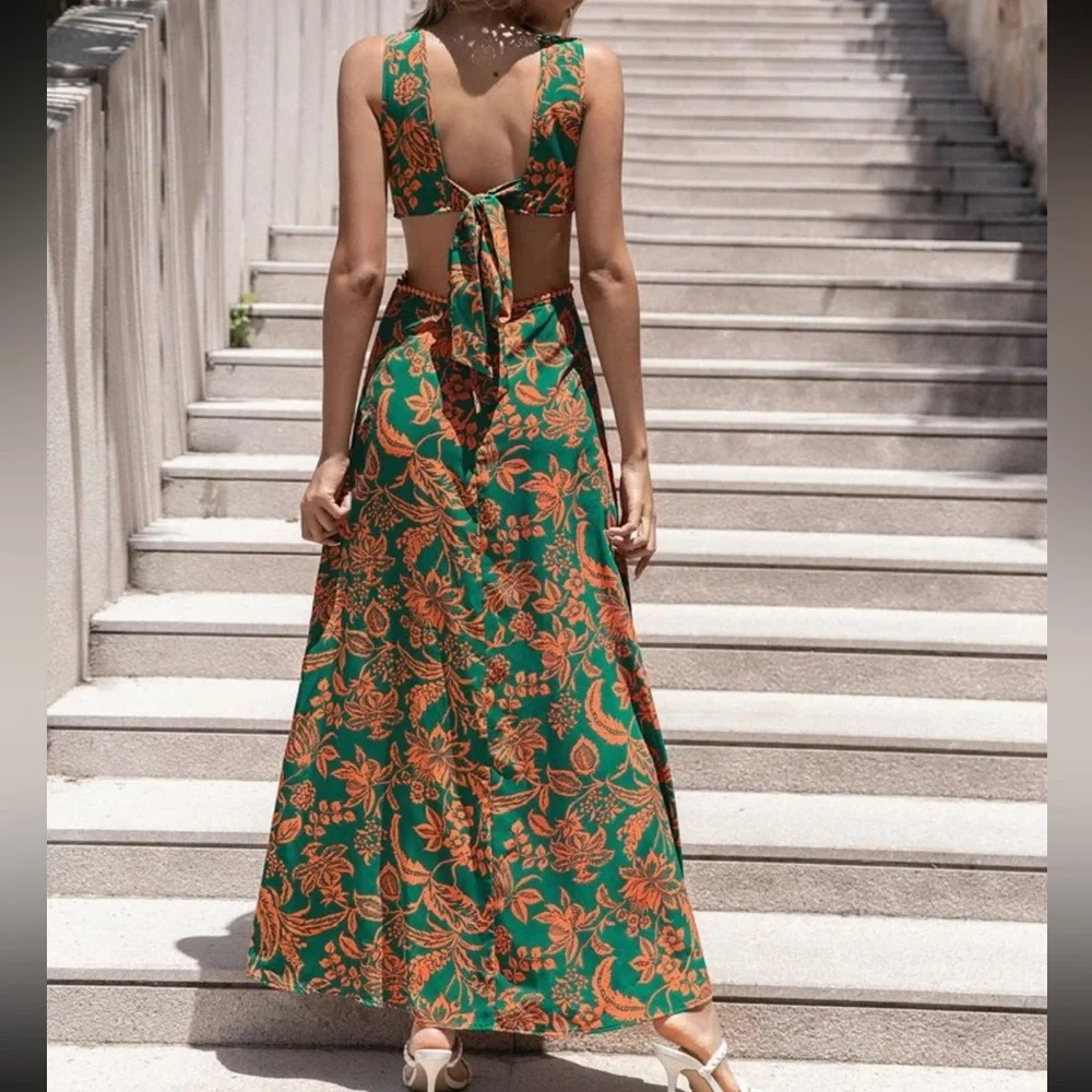 Boho Floral Print Cut Out Waist Back Tie Bow Dress - Picture 10 of 12